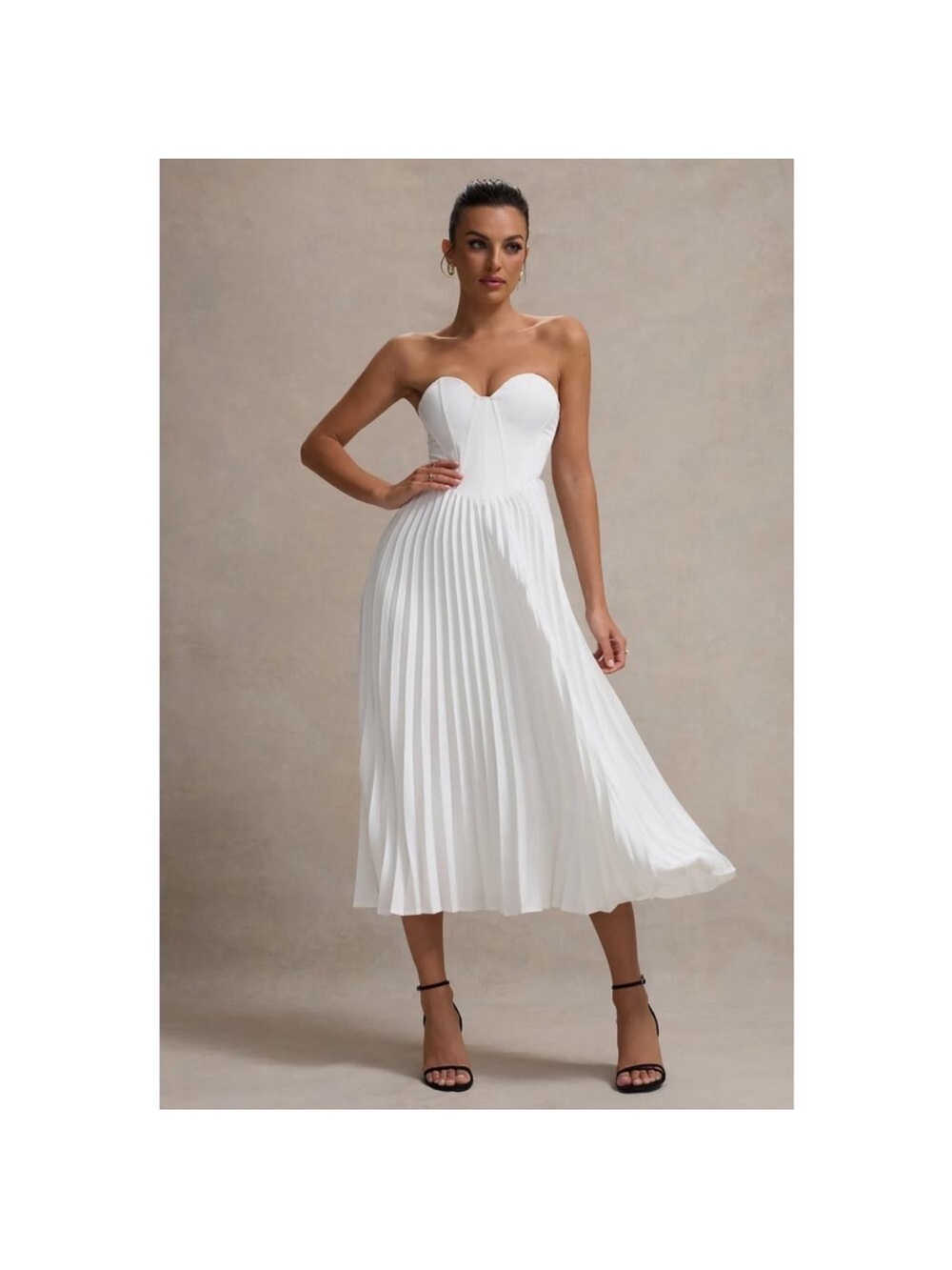 Club L London Bordeaux cream satin corset style pleated midi dress